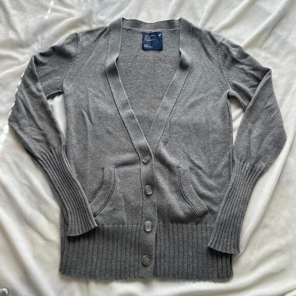 Y2K preppy American Eagle grey knit long sleeve button up cardigan size medium - Picture 1 of 8